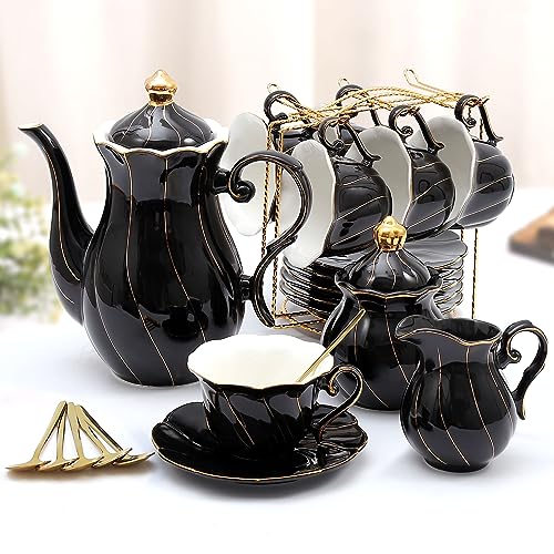 DUJUST 22 pcs Porcelain Tea Set for 6, Luxury British Style Tea/Coffee Cup Set with Golden Trim, Beautiful Tea Set for Women, Tea Party Set, Gift Package (Including a Stand) - Black - color: Black