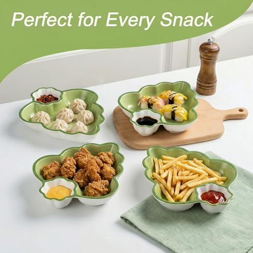Leaf Shaped Ceramic Serving Platter Set of 2, Divided Snack & Appetizer Dish for Chip and Dip, Sauces, Fries, Tapas, Fruit and Dessert