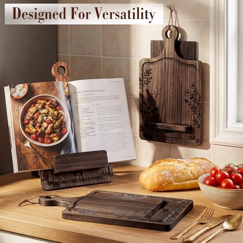 Geelin Wooden Cookbook Stand with Charging Slot Cutting Board Book Holder for Kitchen Counter Adjustable Recipe Book Holder Floral Farmhouse Cookbook Stand Kitchen Gifts for Chef Mom Dad Cooking Lover