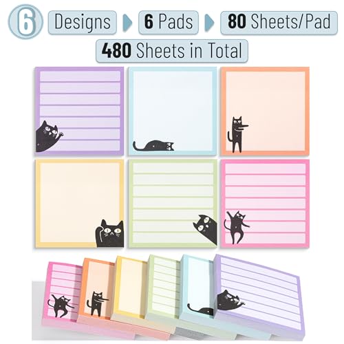 Mr. Pen- Black Cat Sticky Notes Set, 3" x 3", 6 Pads, 480 Sheets | Black Cat Sticky Notes, Memo Pads, Self-Stick Note Pad for Office, School, Home, Study & Organization - color: Multicolor, size: 6 Pads