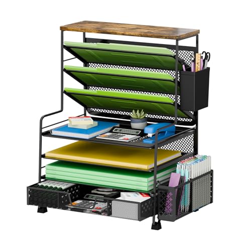 Ekisemio 8 Tier Desk File Organizer with Sliding Drawer, Desktop Organizers and Accessories, Letter Size File Organizer for Desk, Black