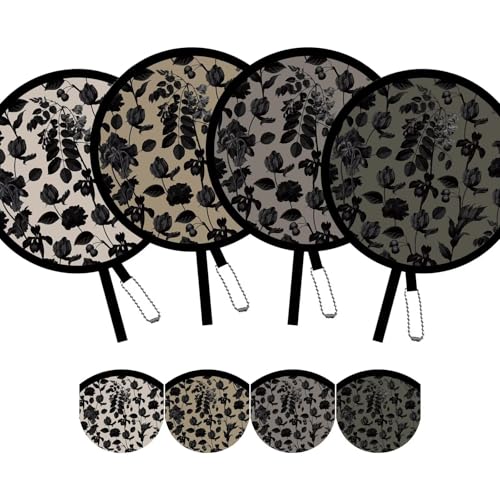 4 Pack Elegant Black Plant Foldable Hand Fans, Versatile Round Handheld Fans for Travel, Events, Indoor and Outdoor (Black) - style: Elegant Black Plant