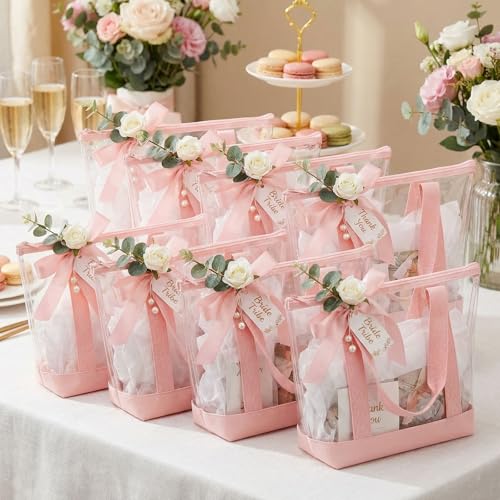 Reginary 8 Pcs Clear Tote Bags Shoulder Handbag Security Approved See Through Bag with Zipper Closure for Sport Event Travel - color: Pink