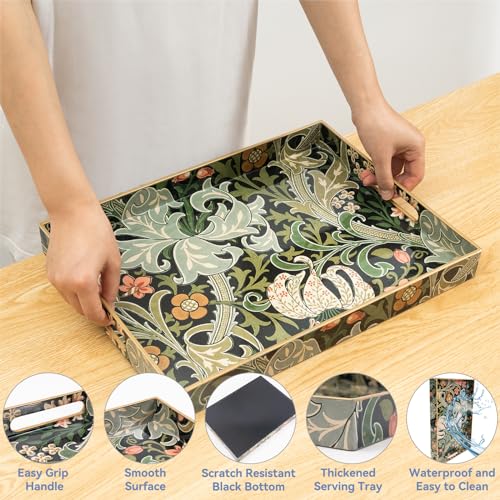AGIOTA Coffee Table Trays, Serving Tray with Handles, Large Tray for Ottoman Coffee Table, Tray for Living Room Modern - color: Ink Green Flower Single