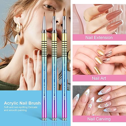 3Pcs Acrylic Nail Brushes Set Size 2 4 5, Kolinsky Hair Acrylic Nail Art Brush, Art Design & Polish Mistake Cleaning Manicure Tools for Women Acrylics Application, Gradient - color: Gradient