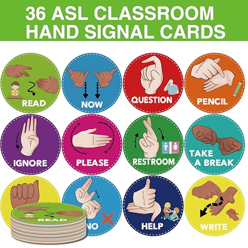 ASL Classroom Hand Signal Cards - 36 Classroom Hand Signal Decor Sign Language Posters for Teachers Students Visual Cues (Retro Groovy)