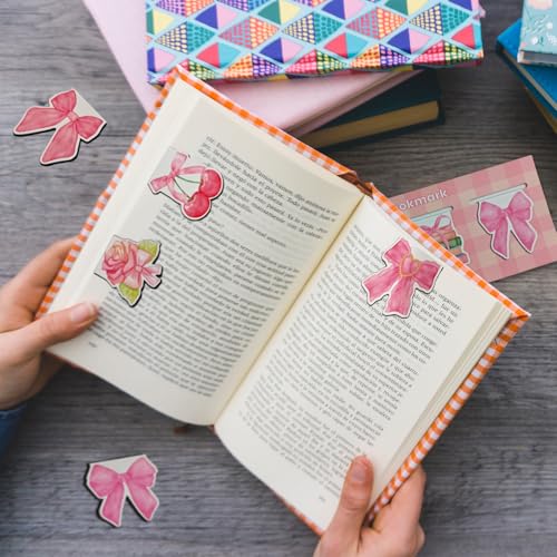 Coquette Style Magnetic Bookmarks Pink Bow Book Mark Cute Planner Bookmark Set for Book Lovers Cherry Strawberry Magnet Bookmark Clips Unique Small Gifts for Reading Women Girly Student Teacher 8 PCS
