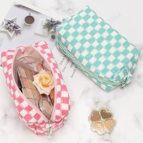PAZIMIIK Checkered Makeup Bag for Purse, Small Travel Cosmetic Pouch,Pink - color: Pink