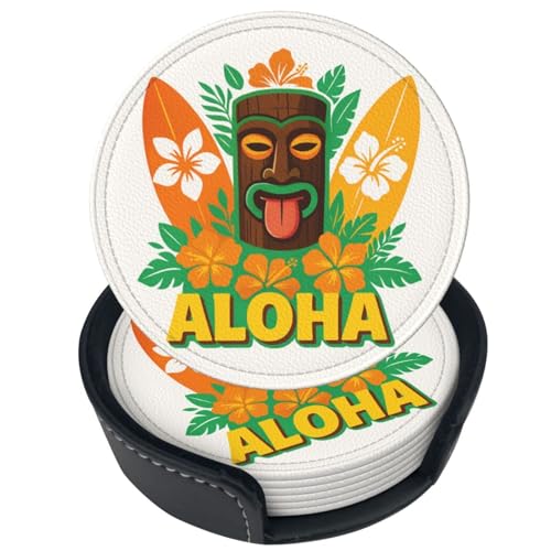 6 Pcs Leather Coasters for Drinks with Holder Hawaii Aloha Tiki Coaster Sets Drink Table Cup Coasters for Kitchen Coffee Decor - color: Aloha Tiki Hawaii