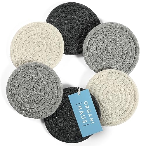 OrganiHaus Drink Coasters Set of 6, Absorbent Cotton Woven Cup Coasters, Rustic Farmhouse Boho Decor for Coffee Table and Drinks Protection, Cute Coaster for Drinks, Coaster for Office Desk - Gray - color: 3-toned Gray