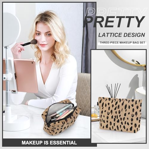 EIMMBD Makeup Bag 3 Pieces Large Capacity Cosmetic Bags Travel Toiletry Bag Organizer Cute Makeup Pouch Storage for Women(Brown Leopard) - color: Brown Leopard