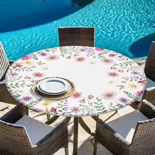 Round Fitted Tablecloth, Spring Summer Flowers Leaves Farmhouse Floral Wildflowers Pink Purple Waterproof Table Cloth Table Cover with Elastic Edged for Outdoor Parties, Fits Tables up to 55" - 60"