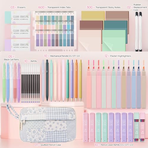 WOBAGMEN 62PCS Aesthetic School Supplies with Quilted Pencil Case, Pastel Highlighters, Gel Pens Mechanical Pencils Set, Cute Back to School Supplies, College Essentials (Green Blue Patchwork, M) - color: Green Blue Patchwork