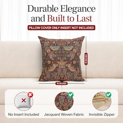 William Morris Strawberry Red Tapestry Throw Pillow Cover 16 x 16 in - color: Strawberry Red