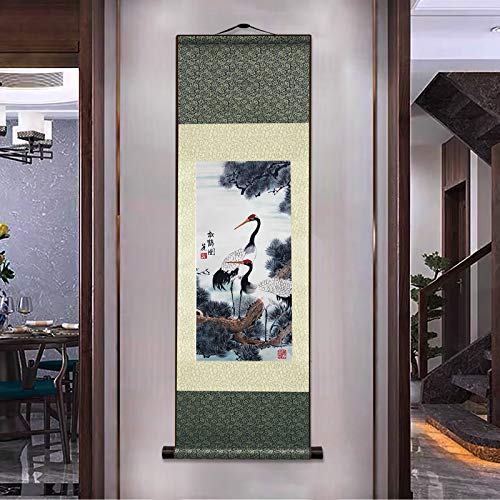 AtfArt White Crane Silk Scroll, Asian Wall Art, 36.2x12in - color: B2