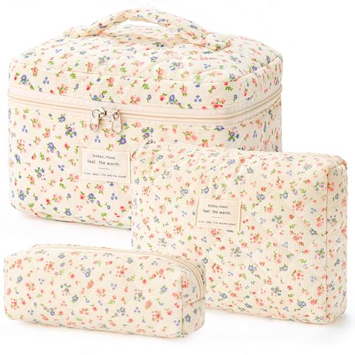 HBselect Quilted Makeup Bag, 3Pcs Cotton Large Travel Makeup Bags Organizer - color: A-3PCS-Floral 12