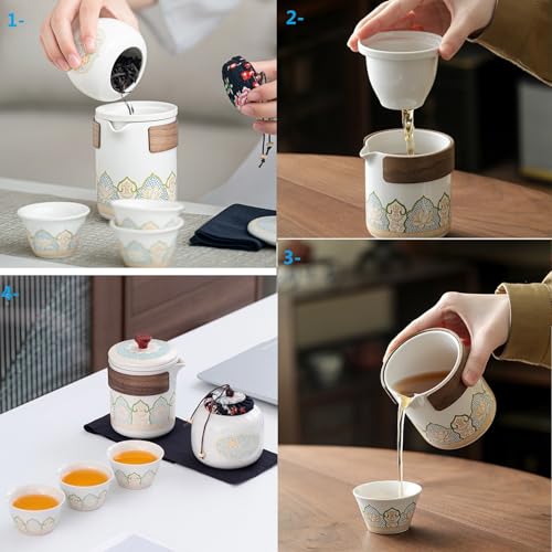 Porcelain Chinese Gongfu Tea Set,Portable Teapot Set Ceramic Travel Sets with Teapot and Infuser/Cups in Bag Asian Tea Sets Gift for Birthday/Father's day/Festivals,Outdoor Traveling,Office Business