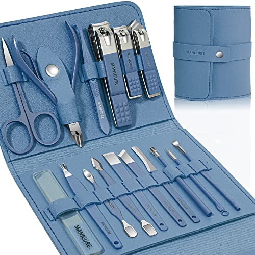 Manicure Set Professional Nail Clippers Pedicure Kit,16 pcs Stainless Steel - color: Blue