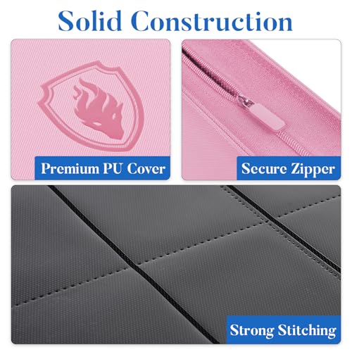 Premium Zip Card Binder, Fabmaker 9 Pocket Trading Card Binder PU Cover - color: Pink, size: 9 Pocket - 13.9" x 10.5"