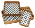 Rectangular Rattan Serving Trays, Set of 3, Black Checkerboard