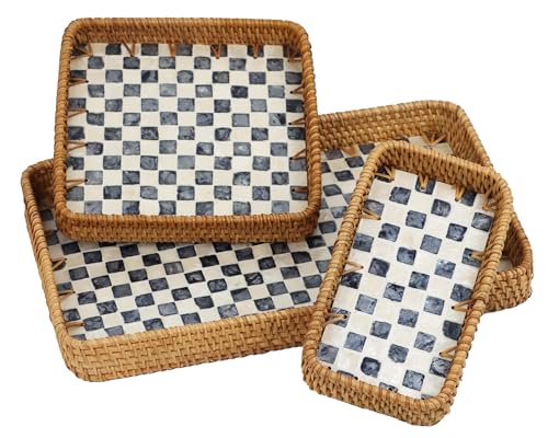 Rectangular Rattan Serving Trays, Set of 3, Black Checkerboard