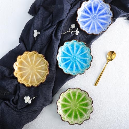 Gaolinci 4 Inches Lotus Shaped Ice Crack Ceramics Seasoning Dishes/Tea Bag Holders/Ketchup Saucer/Appetizer Plates/Vinegar Spice Salad Soy Sushi Wasabi Seasoning Dipping Dishes (Set of 4)
