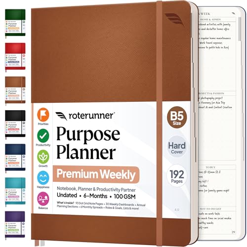 Roterunner Purpose Planner Notebook B5 7.5”x9.8” Undated 2026 Daily Weekly and Monthly Productivity Goal Setting Tool for Work Home ADHD for Adults Self Care Journal - color: Tan, style: B5 Hardcover