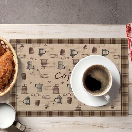 Coffee Placemats Set of 4, Brown Coffee Theme Decoration Table Mats, Washable Heat-Resistant Linen Place Mat for Kitchen Dining Party Outdoor Home Decor 12x18 Inch - color: Brown Coffee