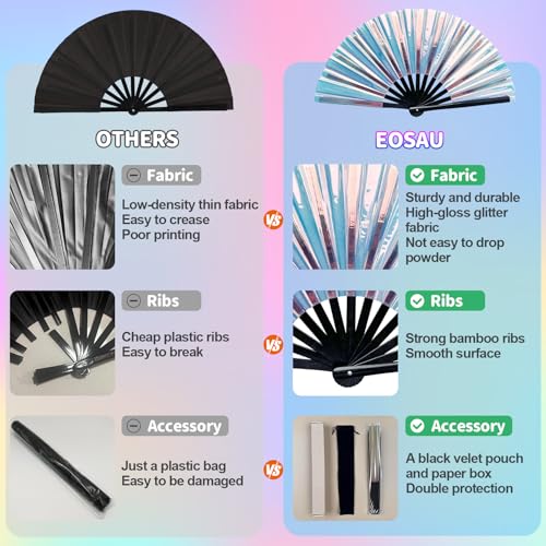 EOSAU Large Laser Rave Fan, Folding Hand Fans for Line Dancing, Blue - color: 13" Blue 01