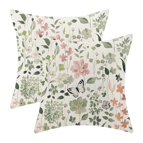 Spring Pillow Covers 18x18 Pack of 2 Watercolor Green Pink Floral Botanical Throw Pillow Covers Outdoor Summer Flower Plants Pillowcase Farmhouse Decorative Linen Cushion Case for Sofa Couch - color: A-floral-1, size: 18" x 18" (Pack of 2)