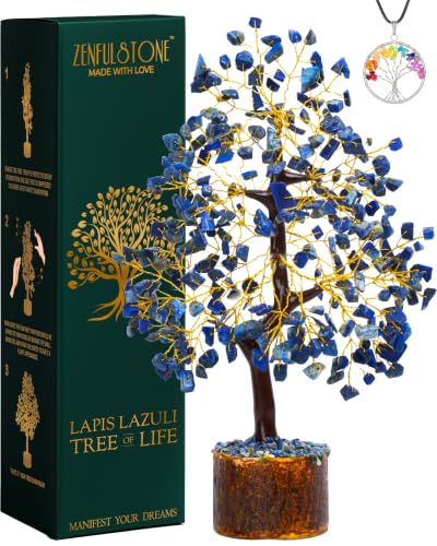 ZENFULSTONE Lapis Lazuli Crystal Tree for Wisdom & Truth Décor for Home and Office | Handmade Bonsai for Communication & Clarity of Thought | Perfect Insight Gift for Loved Ones - color: Lapis Lazuli Golden Wire