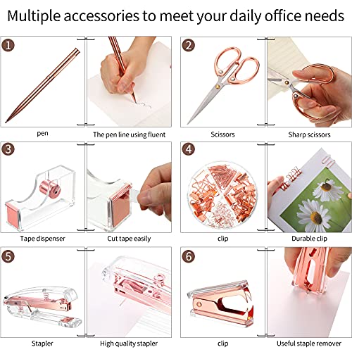 Office Supplies Set Desk Accessory Kit, Acrylic Stapler Set Staple Remover, Tape Dispenser, Binder Clips, Paper Clips, Ballpoint Pen and Scissor with 1000 Pieces 26/6 Staples (Rose Gold) - color: Rose Gold