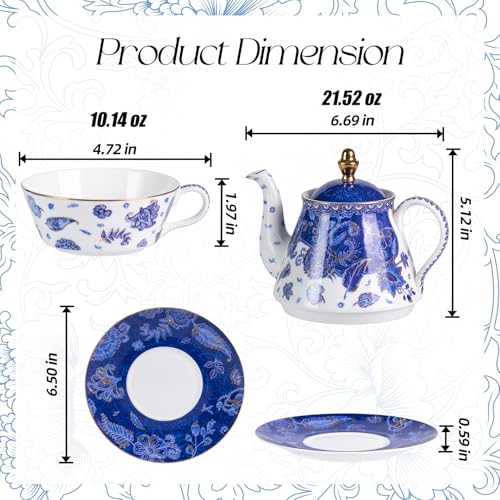 KAMMAK Tea for One Set, Ceramic Teapot, Bone China Tea Set, Cup and Saucer - color: Navy Blue-XY5