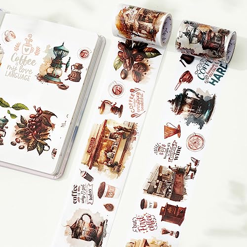 WT Caffeine Canvas Wide PET Tape, Single Roll, Original Designs, Watercolor Vintage Cafe Decorative Transparent Tape, Journal Scrapbook Bujo Planner DIY Craft Supplies, Coffee Theme - color: WT Caffeine Canvas Wide PET Tape