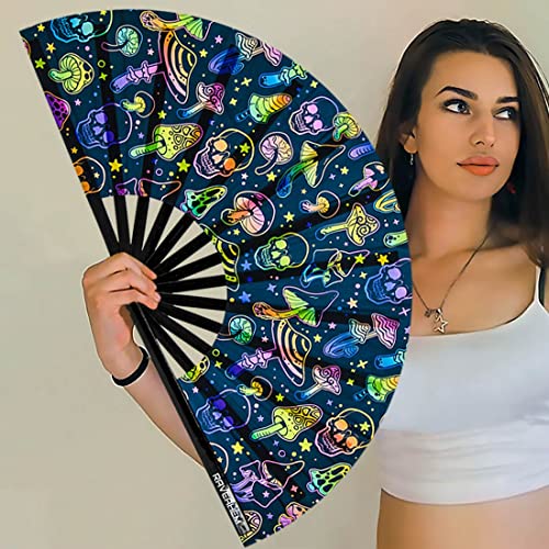 UV Glow Rave Fan, Bamboo Folding Clack Hand Fans Foldable for Men Women, Poping Fan for EDM Festival Line Dance Decoration, (Mushrooms and Skulls, Large 13") - color: Mushrooms and Skulls, size: Large 13"