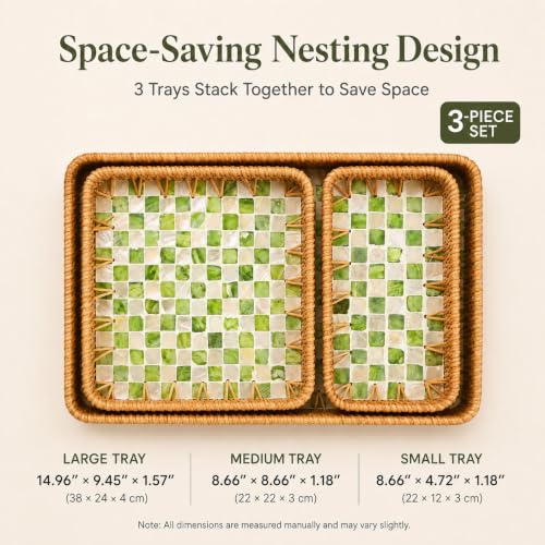 Handwoven Rattan Tray Set of 3 with Mother of Pearl Green Check Inlay - color: Green Check