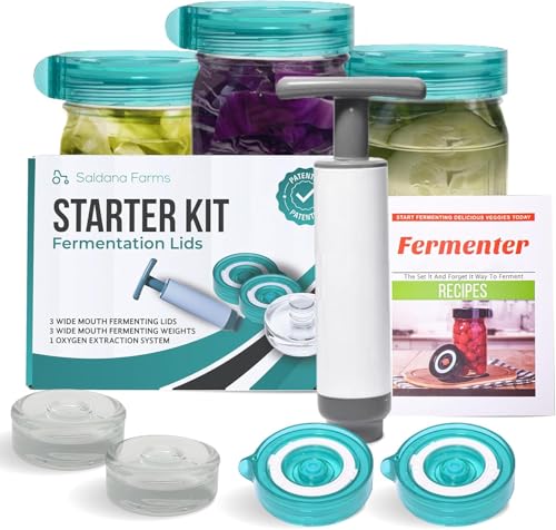 Fermentation Starter Set, Includes 3 Airlock Fermentation Lids and 3 Glass Weights, Sauerkraut Fermenting Kit for Wide Mouth Mason Jar, Pickles, Vegetables, & Kimchi Making Kit - color: Teal