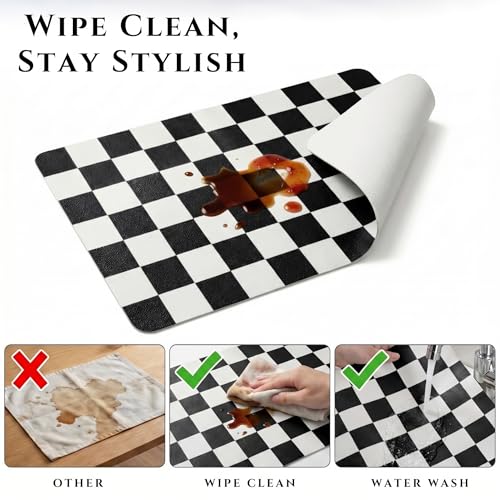 Set of 6 Checkerboard Non-Slip Washable Placemats for Dining Table - color: Black