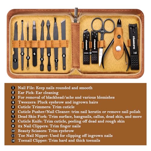FAMILIFE Manicure Set, Professional Manicure Kit Nail Clipper Set Stainless Steel Pedicure Tools Kit with Leather Travel Case for Women Girl Men (Brown) - color: Brown