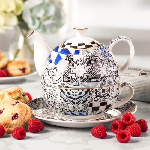 KAMMAK Tea for One Set, Ceramic Teapot, Bone China Tea Set, Cup and Saucer - color: Black and White-XY17