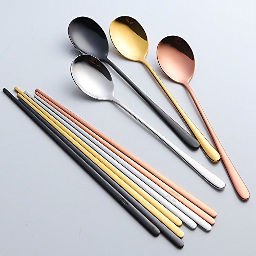 Buyer Star 4 Set Chopsticks Spoon Set, 4 Color Reusable Metal Stainless Steel Korean Chopstix Spoon Set Christmas Gift - color: 4 color A-flat chopstick and spoon
