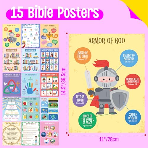 15 Bible Posters for kids, Thick Books of the Bible Poster Waterproof & Tear Proof with PET Film, Religious Poster Sunday School Christian Decoration for Classroom, Bulletin Board (14.5” x 11”, Retro) - size: Bible Posters (14.5” x 11”) -B