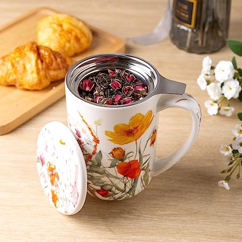 AmorArc Tea Cup With Infuser and Lid, 18oz Loose Leaf Tea Mug With Steeper - color: Tulips