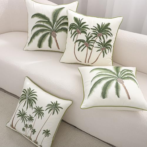 Embroidered Throw Pillow Covers 18x18 Pack of 2 Green Coconut Trees - color: Green Coconut Palm Trees