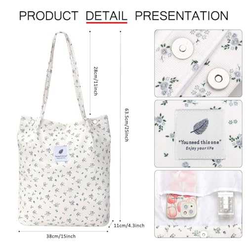 Ayieyill Corduroy Tote Bag for Women Canvas Shoulder Cord Purse with Inner Pocket - color: Beige/Gy Floral
