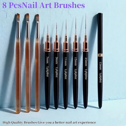 8Pcs Nail Art Brushes Set, 5 Art Liners & 3 Multi Shape Gel Builder Brushes - color: Black