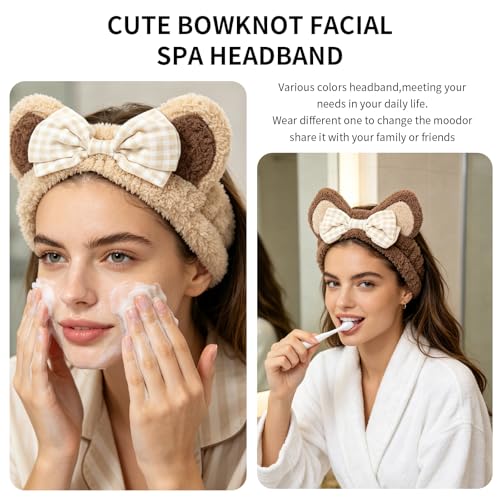 PERFECTSIGHT Kawaii Headband for Spa, Makeup, Washing Face, Party - 2 Pack Cute Cat Ear Hair Band for Shower Beauty Skincare, Soft Facial Headbands for Girls and Women (Beige+Coffee Bow) - color: Beige+Coffee Bow