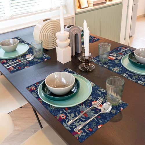 Vintage Morris Art Placemats 4 Pcs,Retro Floral Botanical Leaves Blue Design Linen Placemats for Kitchen Table Dining Room Coffe Set of 4 - color: Blue, size: 12x18"Placemats x4