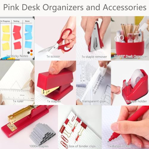 Office Supplies,School Supplies,Red Desk Accessories,Desk Organizer,Scissors,Stapler,Tape Dispenser,Binder Clips,Staples,Staple Remover,Sticky Notes,Clear Tape,Pen,Ruler,Best Gift,11pcs - color: Red, size: 11 pcs set