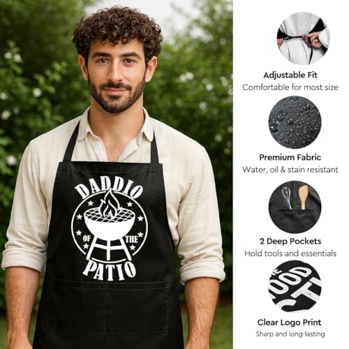 Funny Black Grill Apron with Pockets for Man,Dad,Husband,Father in Law,Chef Daddy Grilling Apron BBQ Cooking Gifts - color: Daddio of the Patio